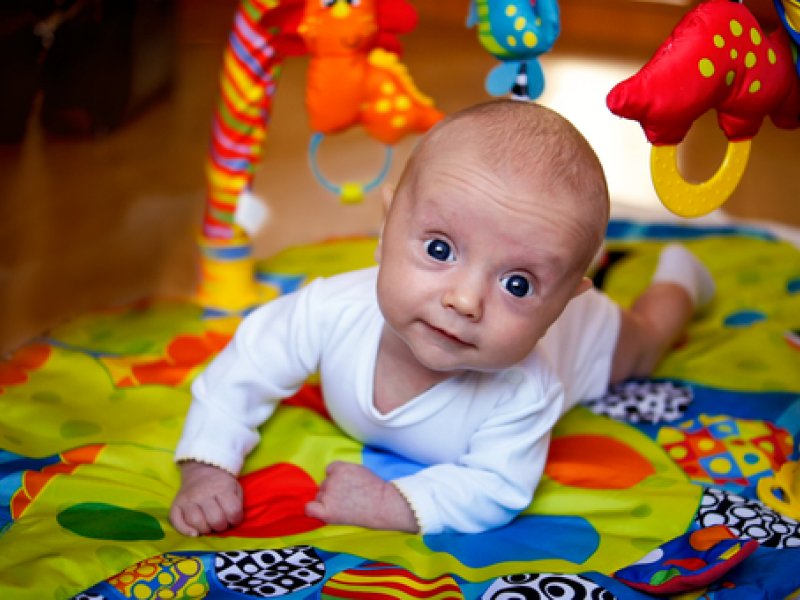 nadó amb panxa prop de joguines